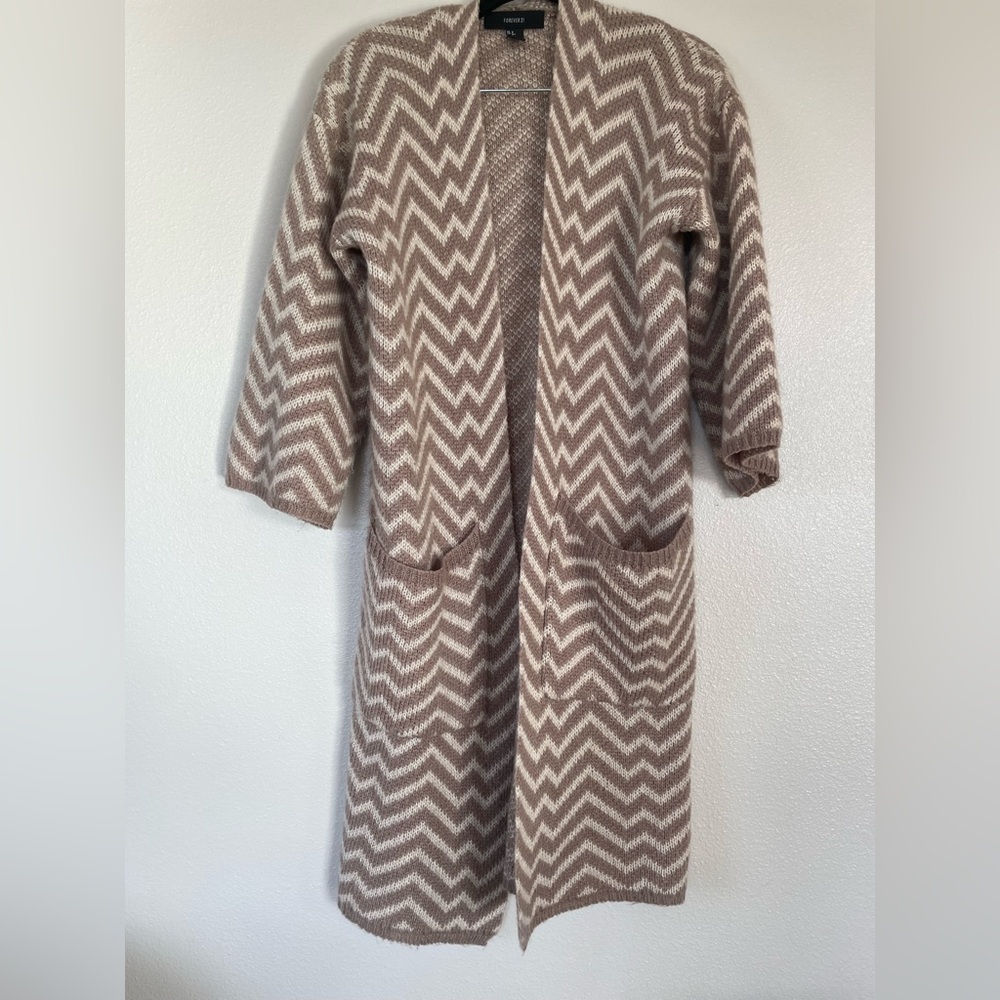 Forever 21 Womens Tan Cream Chevron Open Front Duster Cardigan Sweater Small
